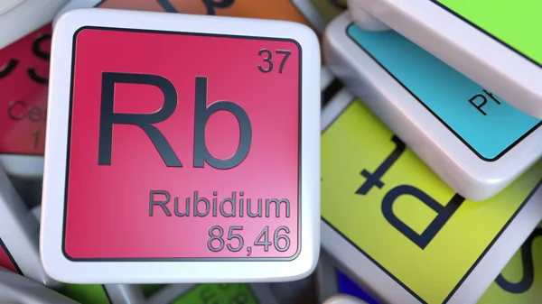 Bloque de rubidio Rb en la pila de tabla periódica de los bloques de elementos químicos. Química relacionada con la representación 3D — Foto de Stock