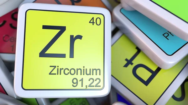 Zircônio Zr bloco na pilha de tabela periódica dos elementos químicos blocos. Renderização 3D relacionada à química — Fotografia de Stock