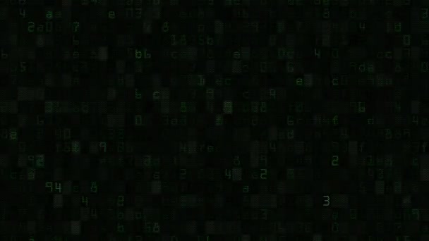 Flashes de texto verde aleatorio y símbolos numéricos en una pantalla de computadora, fondo de movimiento loopable — Vídeo de stock