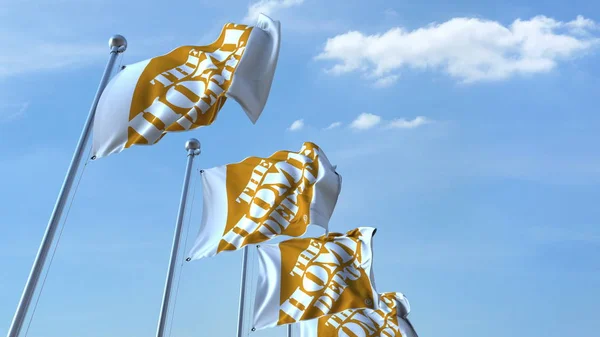 Flaggen schwenken mit dem Home-Depot-Logo gegen den Himmel, redaktionelle 3D-Darstellung — Stockfoto