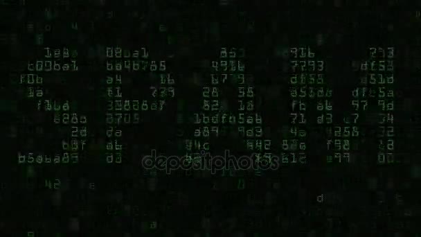 Підпис SPAM на екрані комп'ютера, зроблений з текстових і числових символів, циклічний рух фону — стокове відео