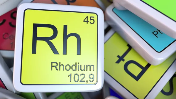 Bloc rhodium Rh sur la pile du tableau périodique des blocs d'éléments chimiques. rendu 3D lié à la chimie — Photo