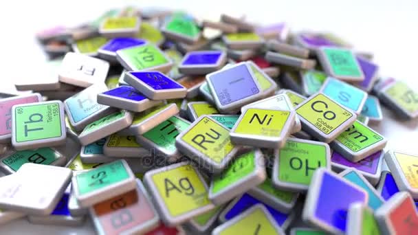 Indium En bloque en la pila de tabla periódica de los bloques de elementos químicos. Química relacionada con la intro animación — Vídeos de Stock