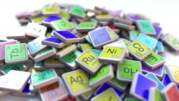 Promethium Pm block on the pile of periodic table of the chemical elements blocks. Chemistry related intro animation — Stock Video