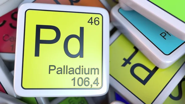 Paladio Pd bloque en la pila de tabla periódica de los bloques de elementos químicos. Química relacionada con la representación 3D —  Fotos de Stock