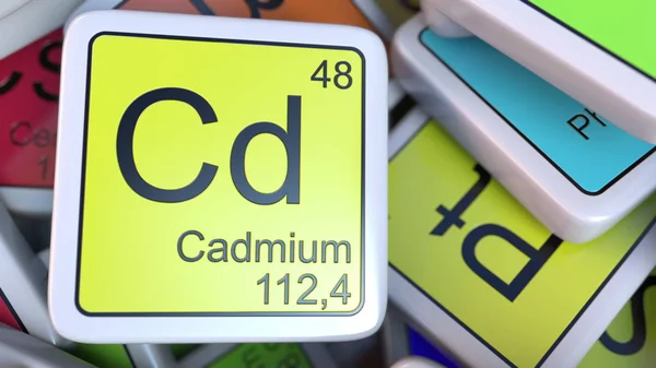 Bloque de cadmio Cd en la pila de tabla periódica de los bloques de elementos químicos. Química relacionada con la representación 3D — Foto de Stock