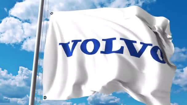 बादल और आकाश के खिलाफ वोल्वो समूह लोगो के साथ झंडा लहराता है। 4K संपादकीय एनिमेशन — स्टॉक वीडियो