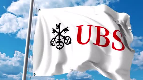 Acenando bandeira com logotipo UBS Group AG contra nuvens e céu. Animação editorial 4K — Vídeo de Stock