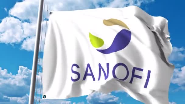 Drapeau agitant le logo Sanofi contre les nuages et le ciel. Animation éditoriale 4K — Video