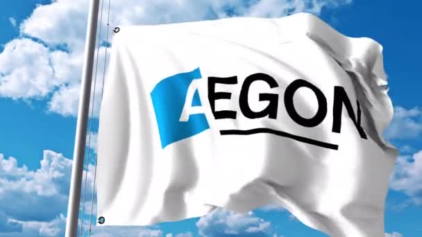 Bandera ondeando con el logotipo de Aegon N.V. contra nubes y cielo. Animación editorial 4K — Vídeo de stock