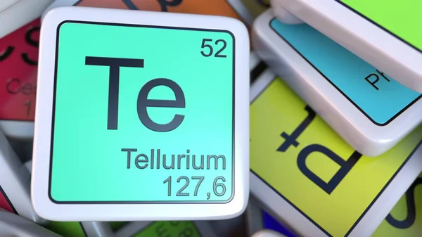 Tellurium Te bloque en la pila de tabla periódica de los bloques de elementos químicos. Química relacionada con la representación 3D —  Fotos de Stock