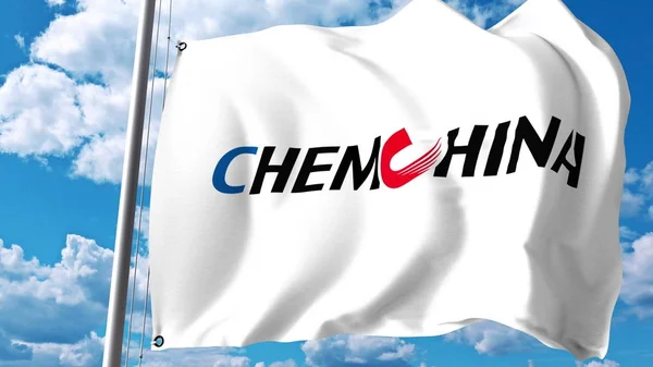 Waving flag with ChemChina logo against clouds and sky. Editorial 3D rendering — Stock Photo, Image