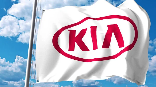 Bandiera sventolante con logo Kia Motors contro nuvole e cielo. Rendering editoriale 3D — Foto Stock