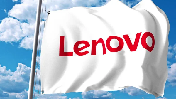 Bandera ondeando con el logotipo de Lenovo contra nubes y cielo. Representación Editorial 3D —  Fotos de Stock