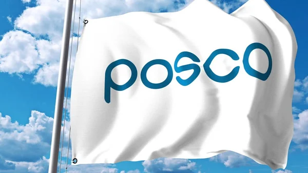 Waving flag with Pohang Iron and Steel Company POSCO logo against clouds and sky. Editorial 3D rendering — Stock Photo, Image