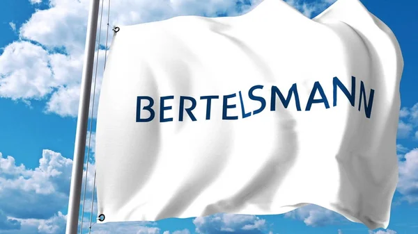 Κουνώντας τη σημαία με το λογότυπο της Bertelsmann κατά των νεφών και του ουρανού. Συντακτική 3d rendering — Φωτογραφία Αρχείου