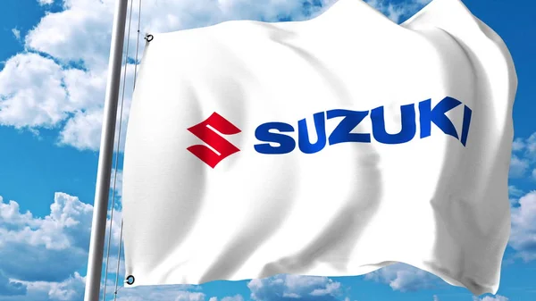 Bandiera sventolante con logo Suzuki Motor contro nuvole e cielo. Rendering editoriale 3D — Foto Stock