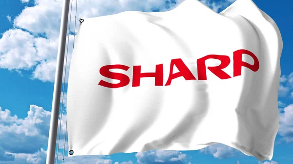 Bandiera sventolante con logo Sharp Corporation contro nuvole e cielo. Rendering editoriale 3D — Foto Stock