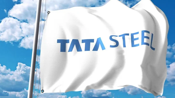 Bandiera sventolante con logo Tata Steel contro nuvole e cielo. Rendering editoriale 3D — Foto Stock