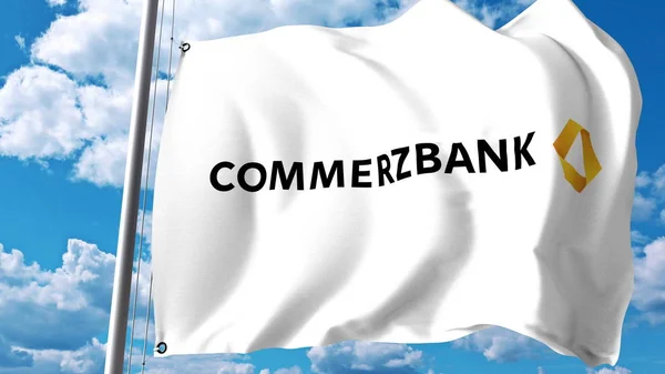Fahnen mit dem Logo der Commerzbank AG wehen gegen Wolken und Himmel. redaktionelles 3D-Rendering — Stockfoto