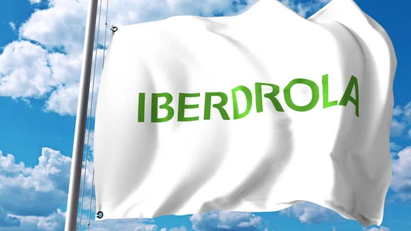 Bandera ondeante con logo Iberdrola contra nubes y cielo. Representación Editorial 3D —  Fotos de Stock