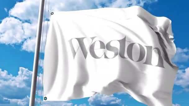 Integetett zászló ellen a felhők és a sky George Weston korlátozott logóval. 4 k szerkesztői animáció — Stock videók