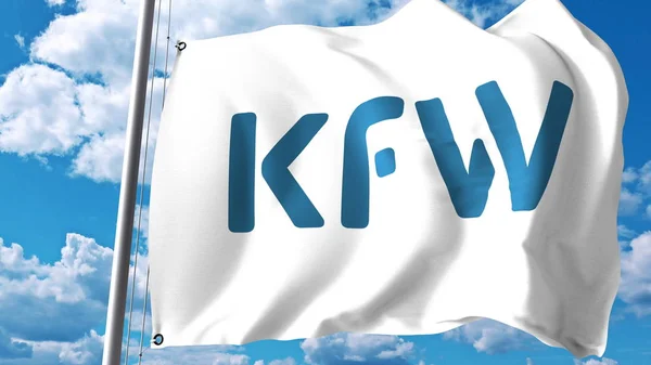 Flagge mit kfw-Logo gegen Wolken und Himmel schwenken. redaktionelles 3D-Rendering — Stockfoto