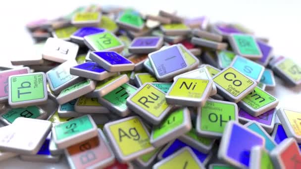 Astatine As block on the pile of periodic table of the chemical elements blocks. Chemistry related intro animation — Stock Video