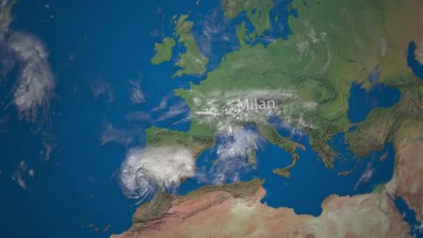Rota de avião comercial voando de Milão para Nova York no globo terrestre. Animação de introdução internacional viagem — Vídeo de Stock