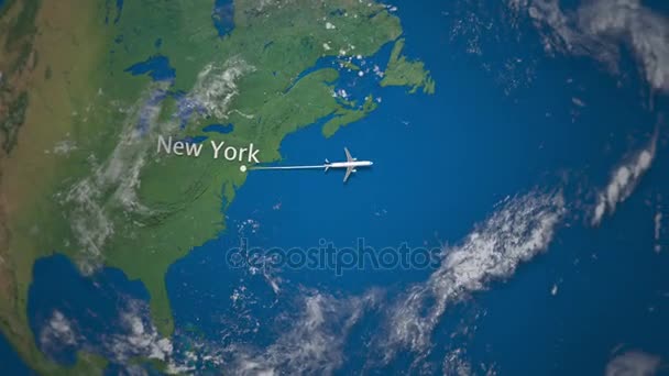 Route of commercial airplane flying from New York to Dubai on the Earth globe. International trip intro animation — Stock Video
