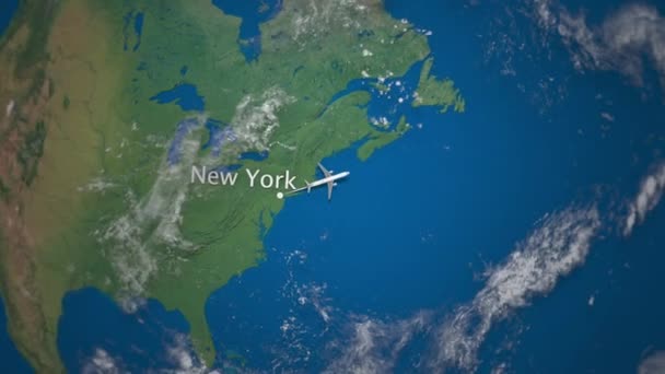 Route of commercial airplane flying from New York to London on the Earth globe. International trip intro animation — Stock Video