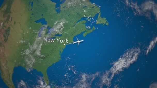 Route of commercial airplane flying from New York to Milan on the Earth globe. International trip intro animation — Stock Video