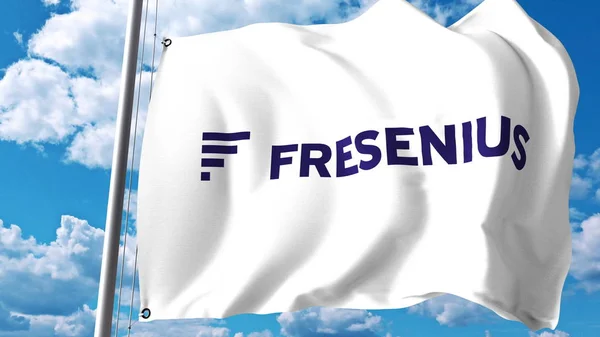 Bandiera sventolante con logo Fresenius contro nuvole e cielo. Rendering editoriale 3D — Foto Stock