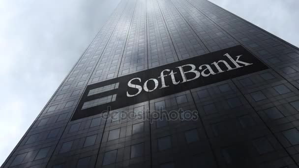 Softbank logo na drapacz fasada odbijające chmury, upływ czasu. Redakcji renderowania 3d — Wideo stockowe