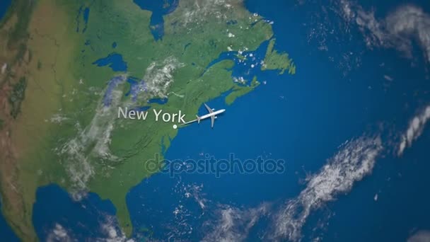 Route of commercial airplane flying from New York to Berlin on the Earth globe. International trip intro animation — Stock Video