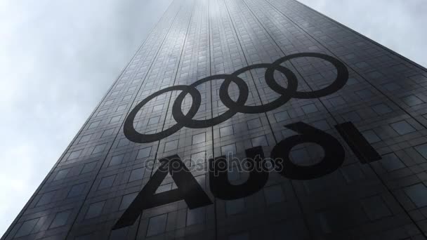 Audi logo em uma fachada arranha-céu refletindo nuvens, lapso de tempo. Renderização 3D editorial — Vídeo de Stock