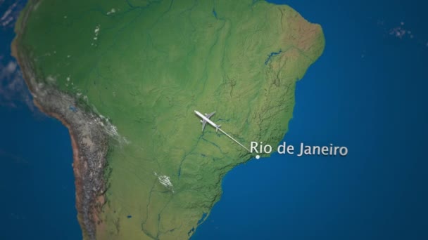 Route of commercial airplane flying from Rio de Janeiro to San Francisco on the Earth globe. International trip intro animation — Stock Video