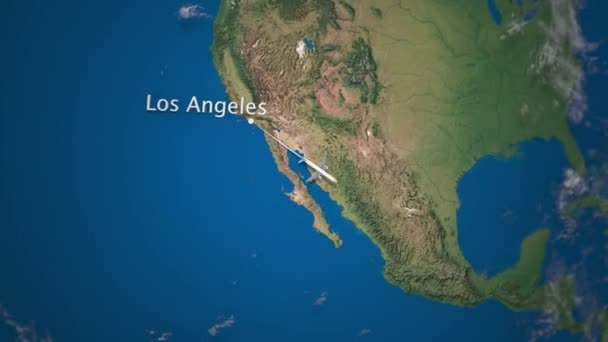 Route der kommerziellen Flugzeuge, die von Los Angeles nach Rio de Janeiro auf dem Erdball fliegen. Intro-Animation für internationale Reisen — Stockvideo