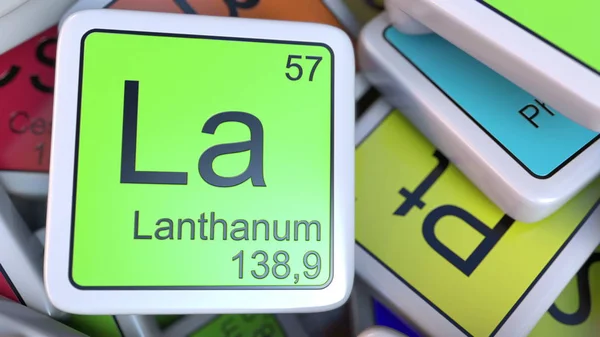 Lanthanum La bloque en la pila de tabla periódica de los bloques de elementos químicos. Renderizado 3D —  Fotos de Stock