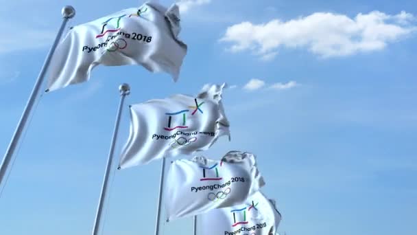 Mehrere schwenken Fahnen mit dem Logo der Olympischen Winterspiele 2018 in Pyeongchang. 4k redaktionelle Animation, nahtlose Schleife — Stockvideo