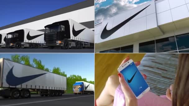Montaj toplama Nike şirketinin ticari faaliyet ile ilgili. Editoryal animasyon — Stok video