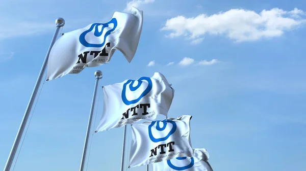 Bandiere sventolanti con logo NTT contro il cielo, rendering editoriale 3D — Foto Stock