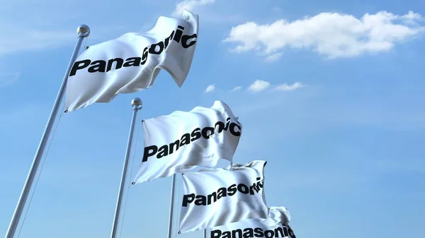 Macha flagi z Panasonic logo przeciwko niebo, redakcji renderowania 3d — Zdjęcie stockowe