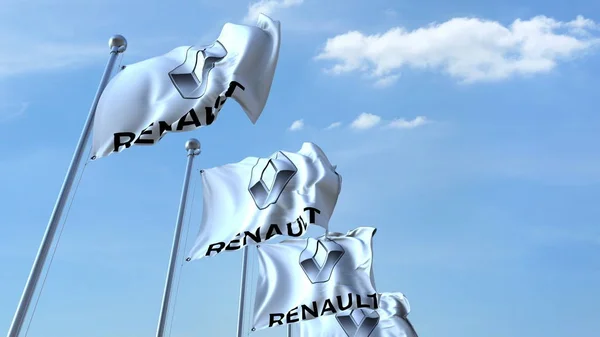 Renault amblemli bayraklar sallayarak gökyüzü karşı editoryal 3d render — Stok fotoğraf