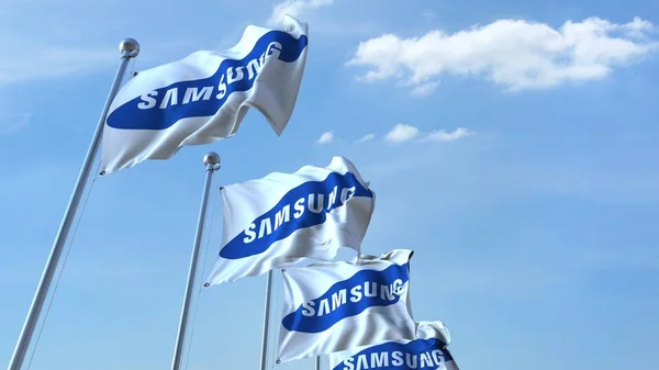 Macha flagi z Samsung logo przeciwko niebo, redakcji renderowania 3d — Zdjęcie stockowe