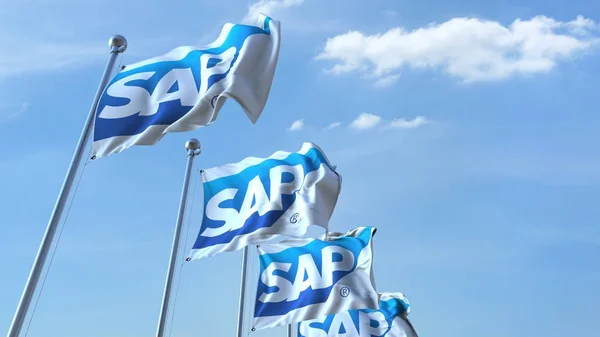Ondeando banderas con el logotipo de SAP contra el cielo, representación editorial 3D —  Fotos de Stock