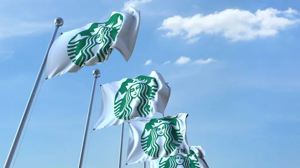 Bandiere sventolanti con logo Starbucks contro il cielo, rendering editoriale 3D — Foto Stock