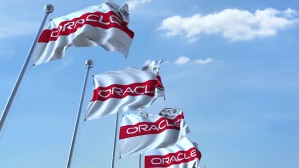 Κυματίζοντας σημαιών με Oracle logo κατά του ουρανού, αδιάλειπτη βρόχο. 4 k σύνταξης κινούμενα σχέδια — Αρχείο Βίντεο