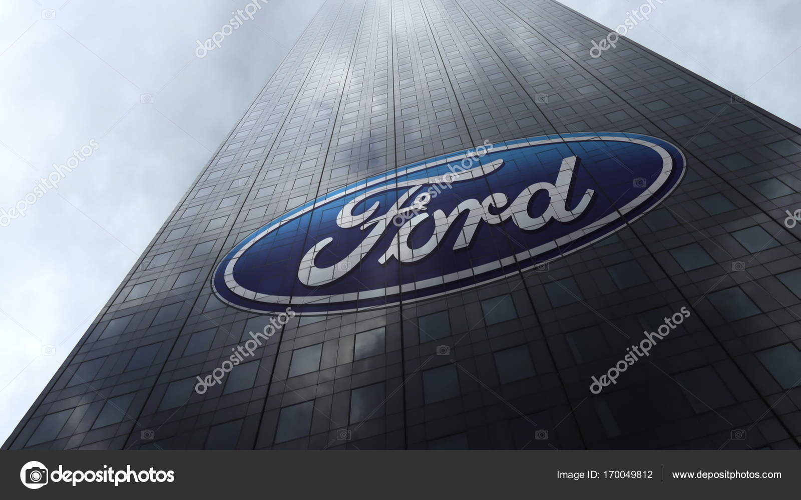 Ford Motor Company logo na mrakodrap fasádu odrážející mraky. Úvodník 3d  vykreslování — Stock Redakční fotografie © alexeynovikov #170049812, image size:1600x1000