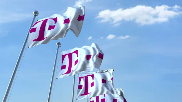 Bandiere sventolanti con logo T Telekom contro il cielo, rendering editoriale 3D — Foto Stock